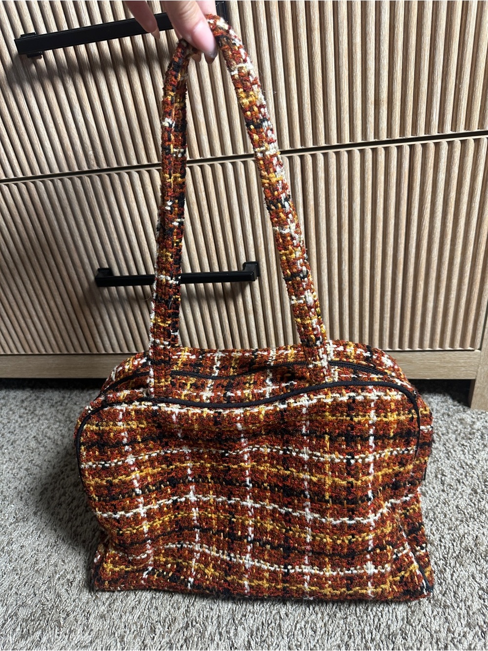 Vintage Plaid Shoulder Bag | Textured Top Handle Purse | Brown & Rust Tones - Picture 2 of 5